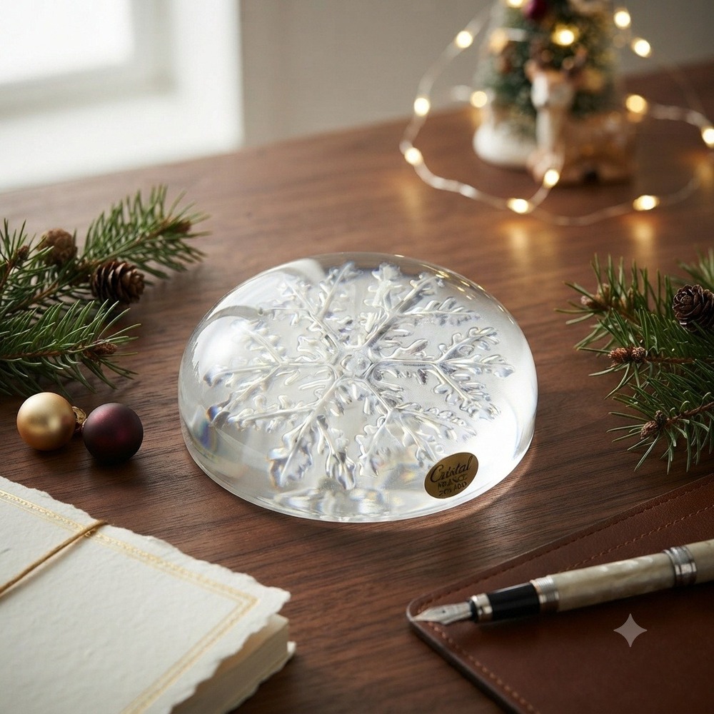 Cristal France 24% Lead Crystal Snowflake Paperweight Clear Glass Holiday Decor